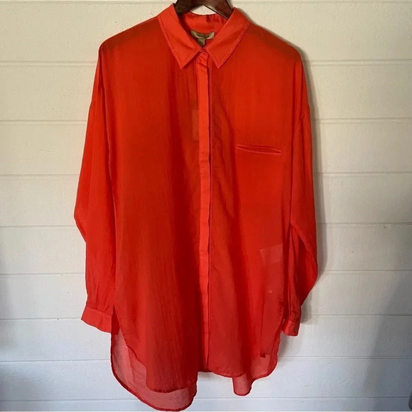NWT Bandolera Button Down Oversized Orange Cotton Tunic Shirt Size 10 - Picture 1 of 14